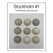 Stockholm set van 9 keramische wandkoepels in saliegroen en neutrale tinten, diameter per koepel ca. 9.5 cm