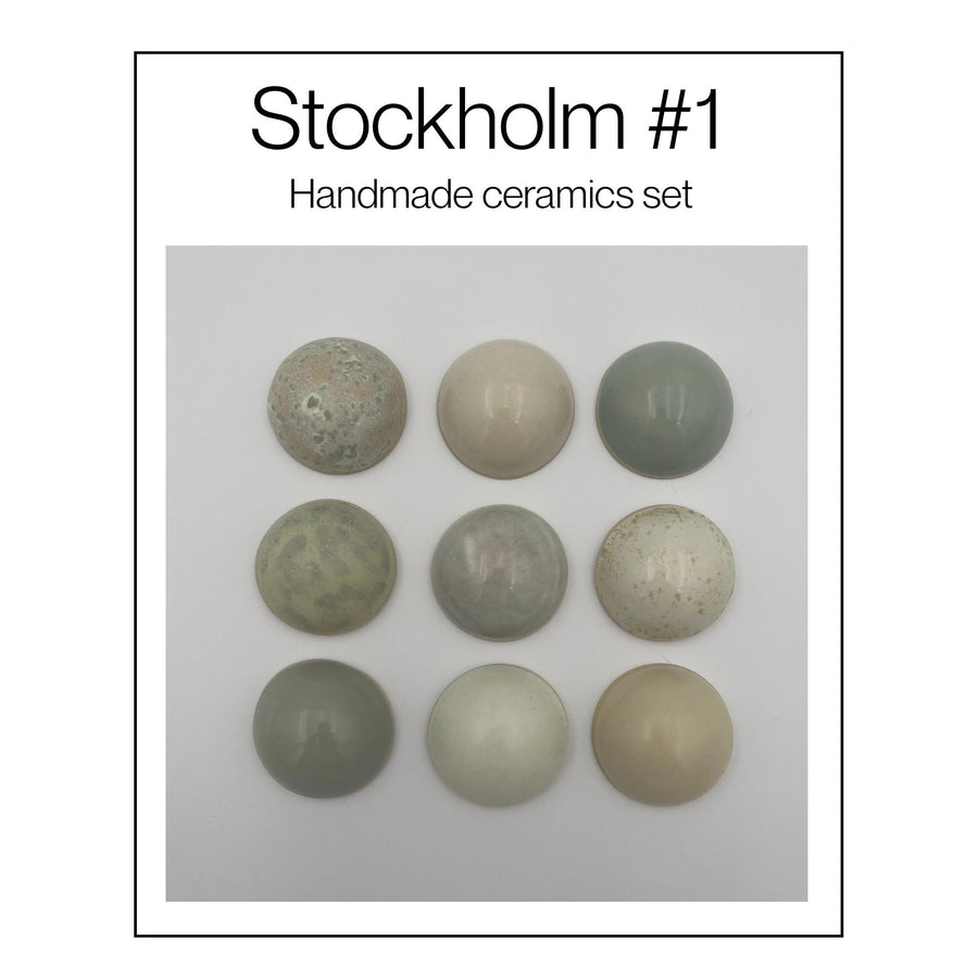 Stockholm set van 9 keramische wandkoepels in saliegroen en neutrale tinten, diameter per koepel ca. 9.5 cm