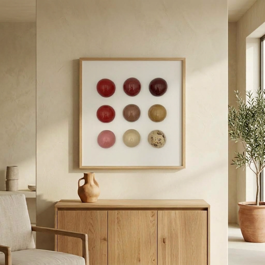 Een compositie van negen keramische domes boven een houten kast